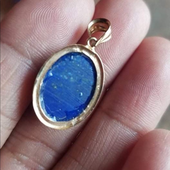 14k Gold Vintage Huge Blue Lapis Earrings and Pendant Set - Picture 4 of 5